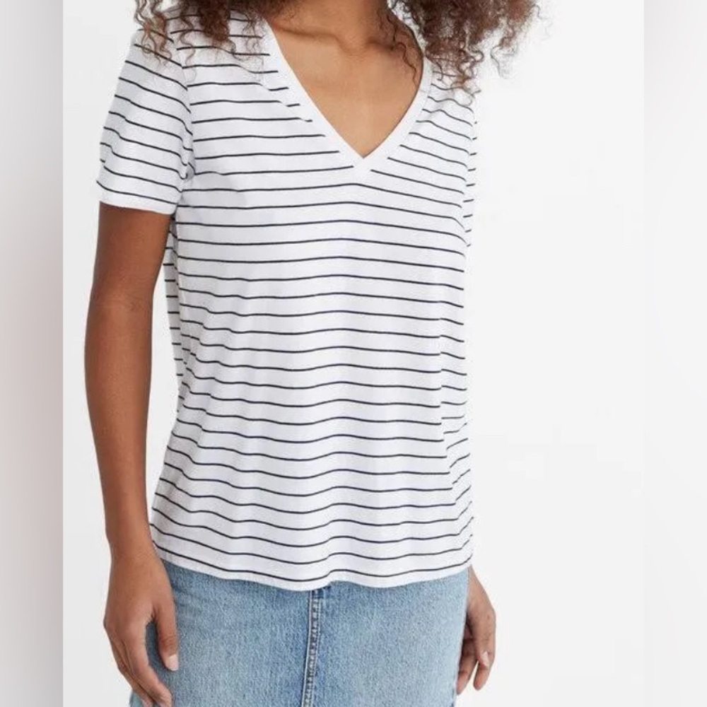 Boyfriend V-Neck Tee, White Shirt, Black Stripes